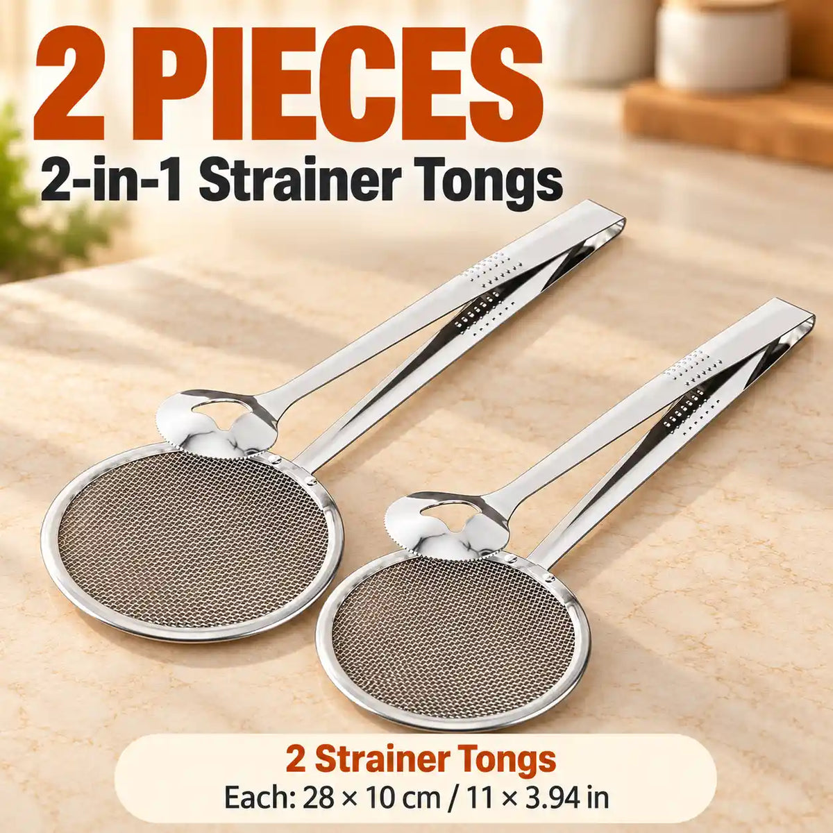🆙 2-in-1 Stainless Steel Strainer Tongs