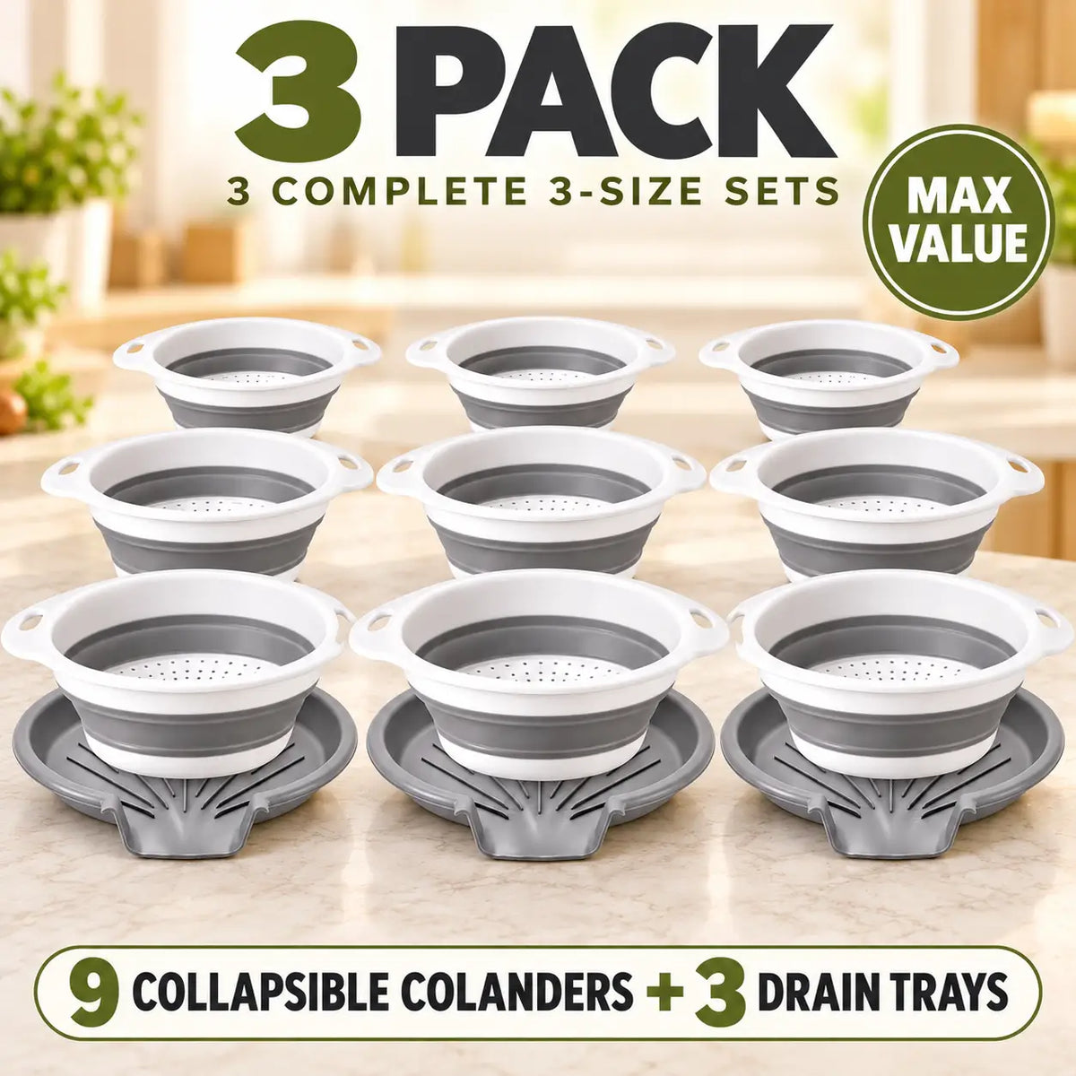 KORAKIO® 🥬🍓🍝 Collapsible Colander Set with Sink-Draining Tray