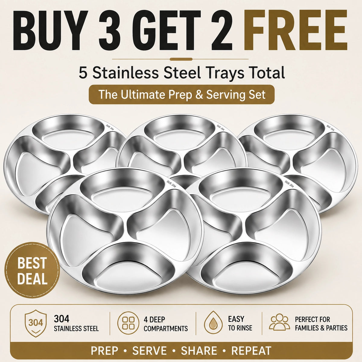 🆙 4-Compartment Stainless Steel Everyday Tray