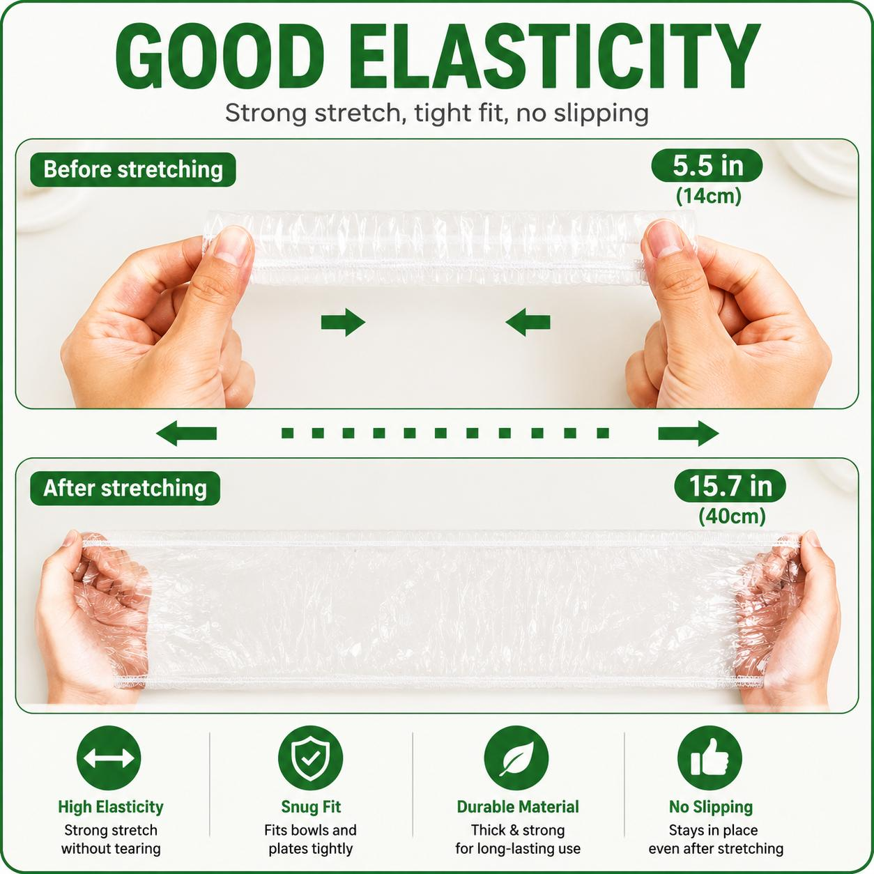 Elastic food cover shown before and after stretching