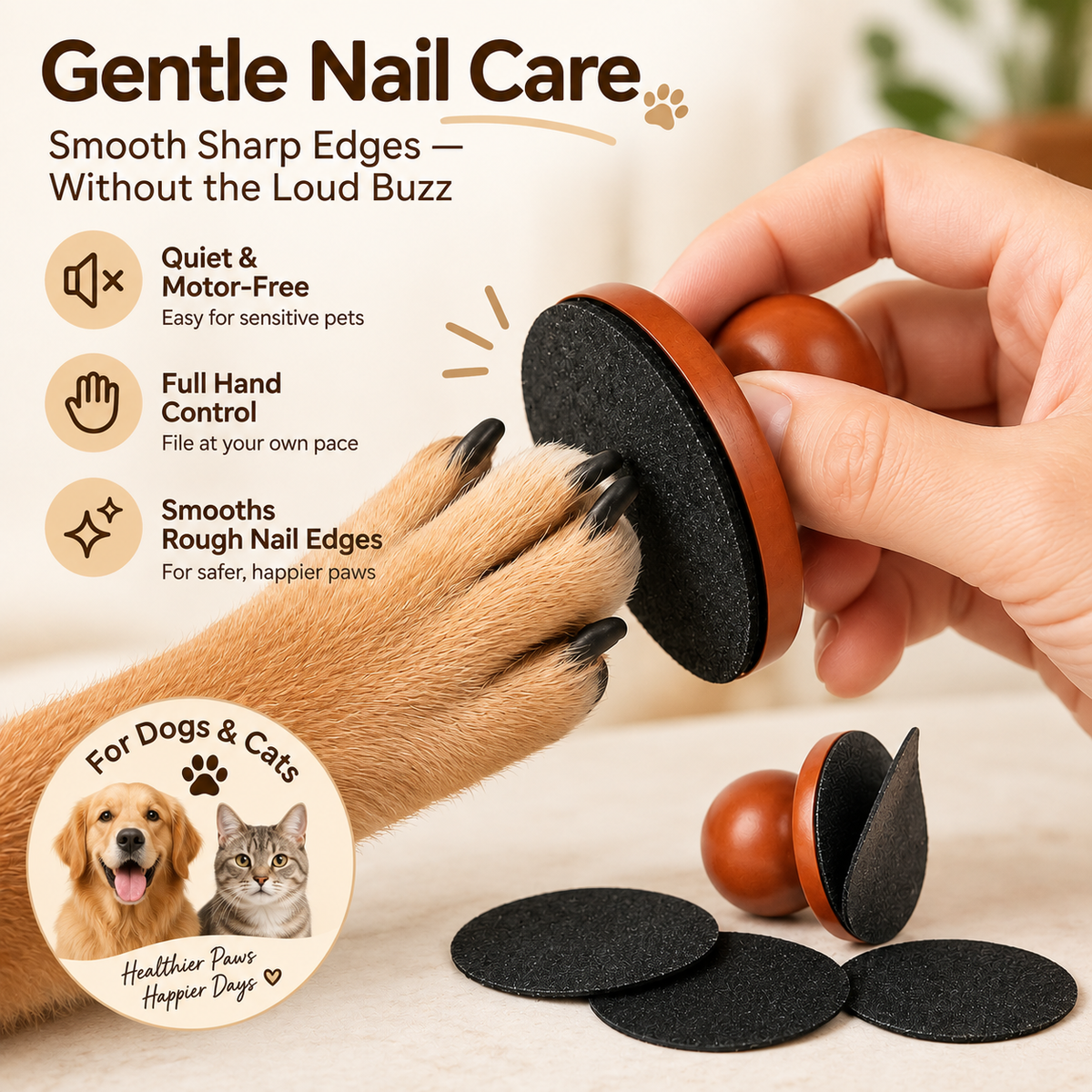 Wooden pet nail file gently smoothing a dog’s nail tip