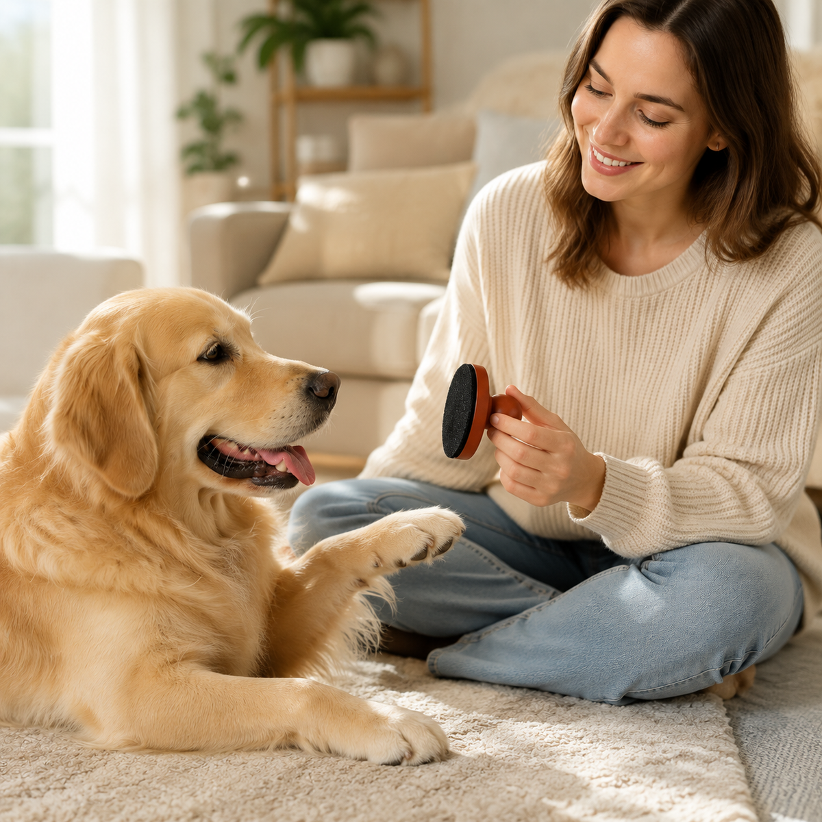 A pet owner using the wooden file on a dog’s nail