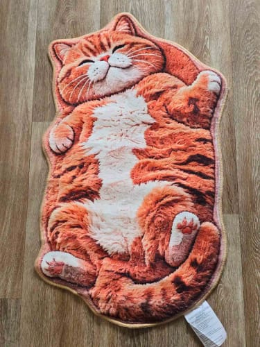 Orange tabby printed mat on a wood floor