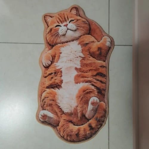 Orange tabby mat displayed on a tile floor