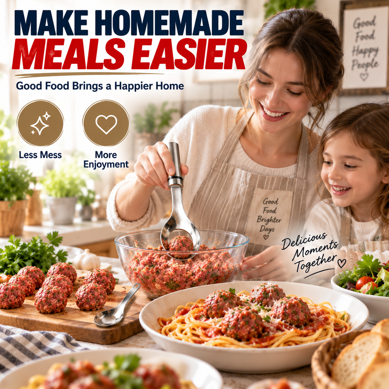 Family kitchen scene with meatball preparation, helper scoop and a pasta meal
