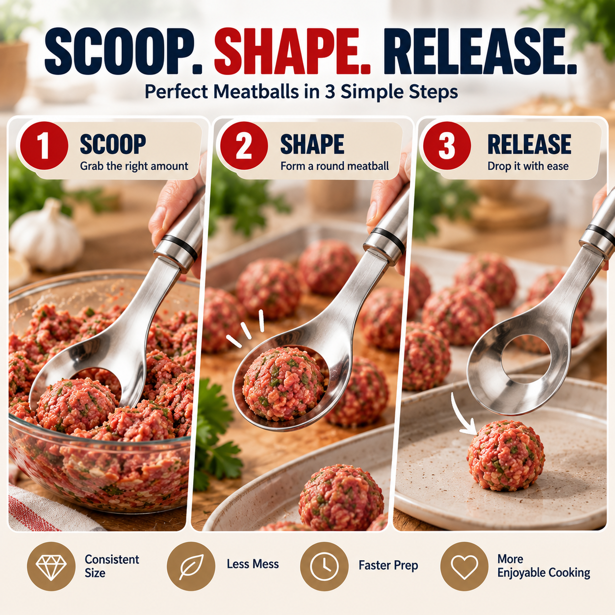 Three illustrated steps: scoop the mixture, shape a meatball, and release it onto a tray