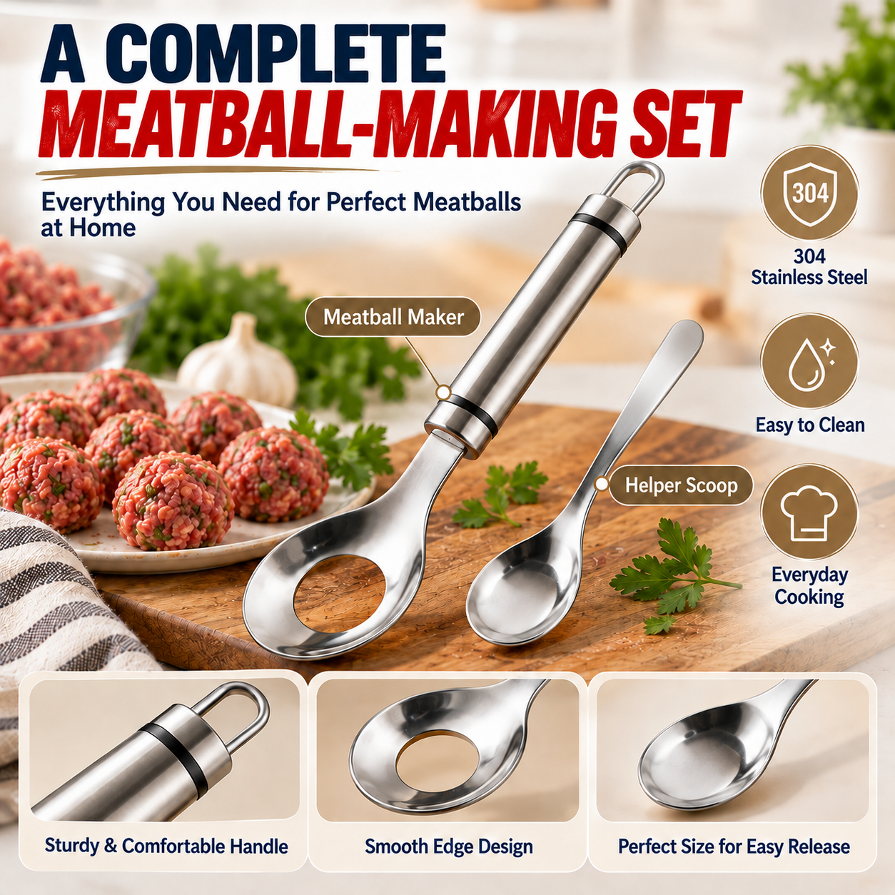 Labeled meatball maker and helper scoop with handle and spoon details