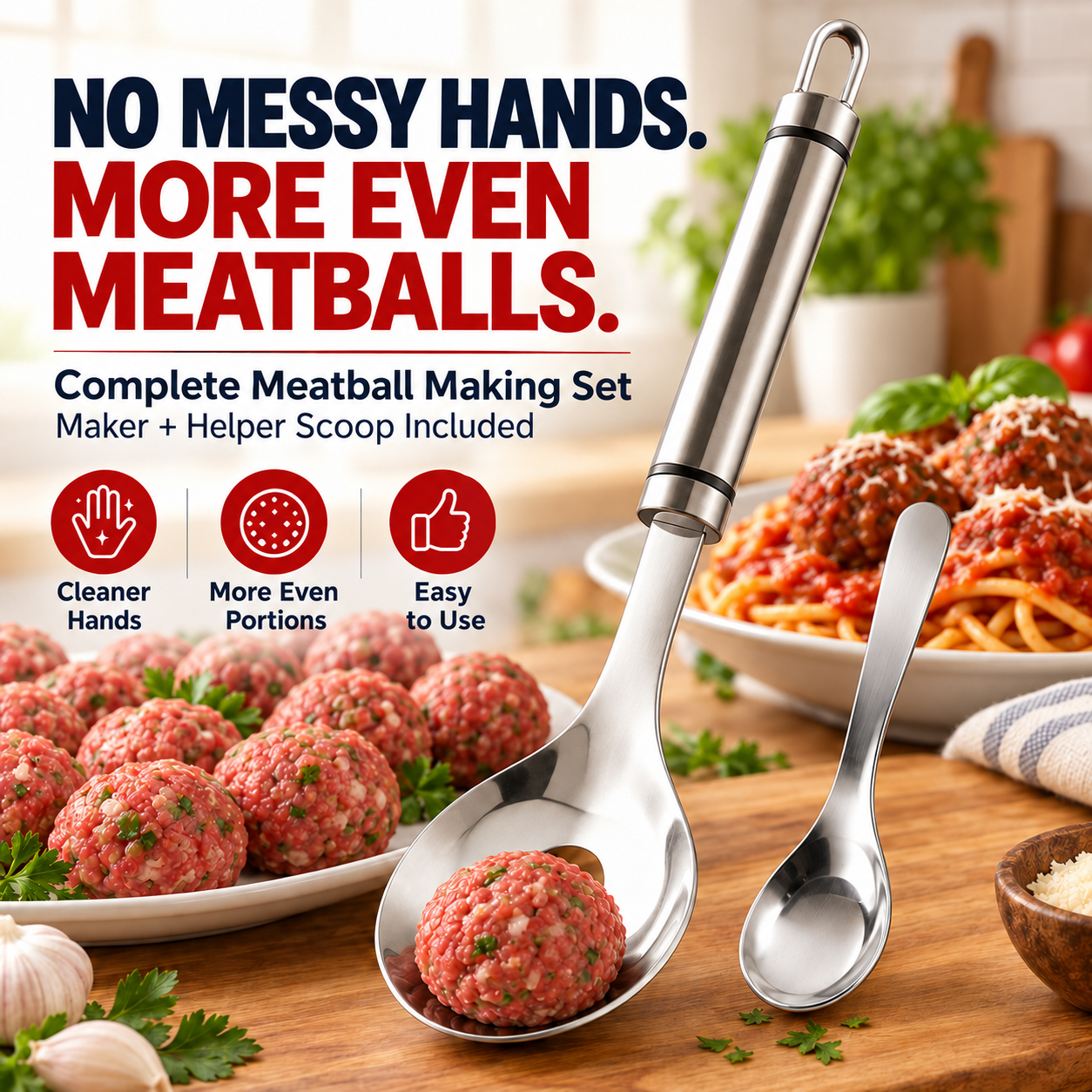 Meatball maker and helper scoop beside prepared meatballs and pasta