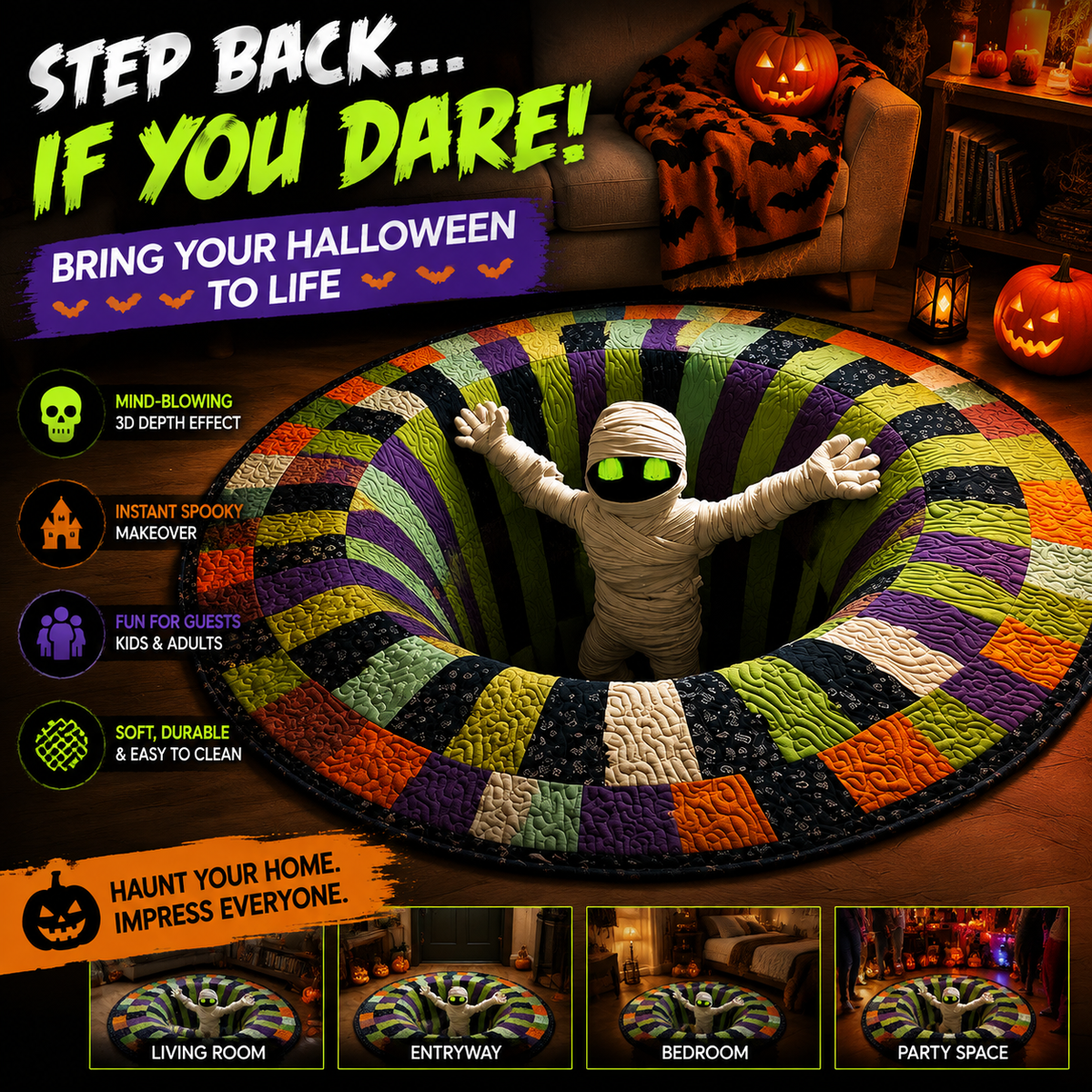 KORAKIO®🎃 Halloween 3D Skeleton Vortex Illusion Rug – Create a Spooky Floor Surprise Everyone Loves 💀