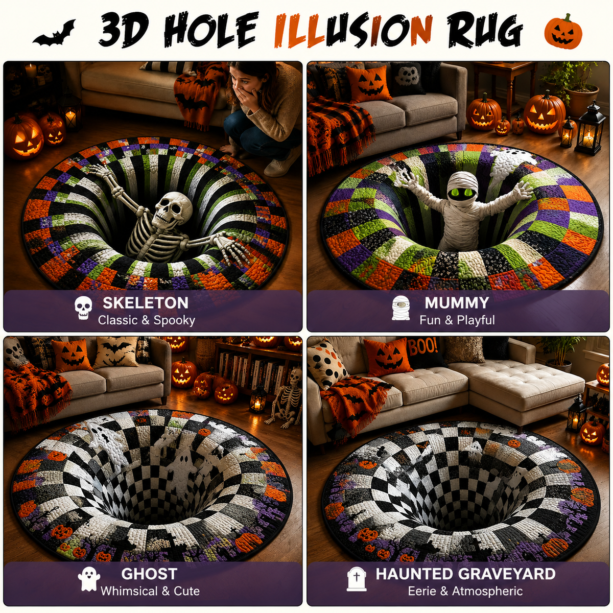 KORAKIO®🎃 Halloween 3D Skeleton Vortex Illusion Rug – Create a Spooky Floor Surprise Everyone Loves 💀