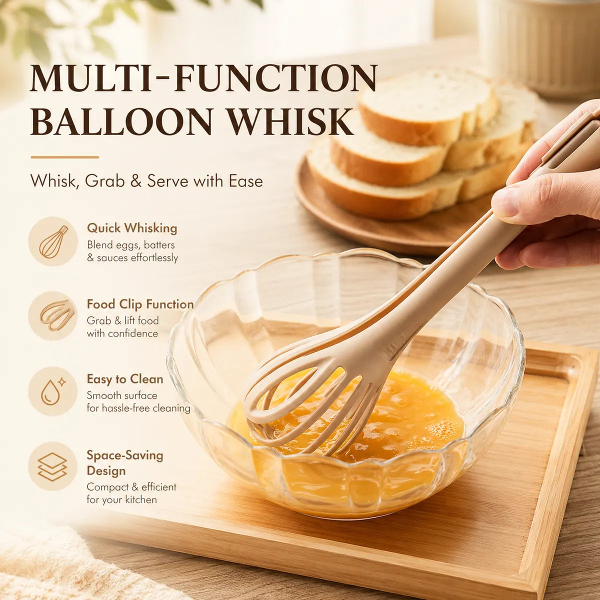 KORAKIO® 3-IN-1 KITCHEN WHISK 🥚 🍳 Multi-Function Egg Whisk & Food Tongs Whisk, Grip & Serve With One Tool