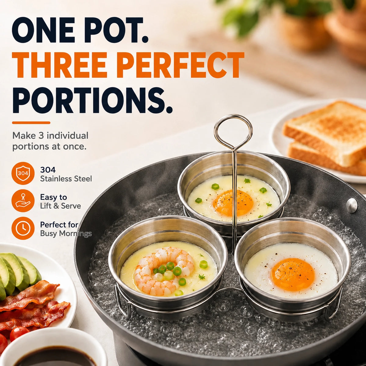 🆙🍳 3-Cup Removable Stainless Steel Egg Steamer