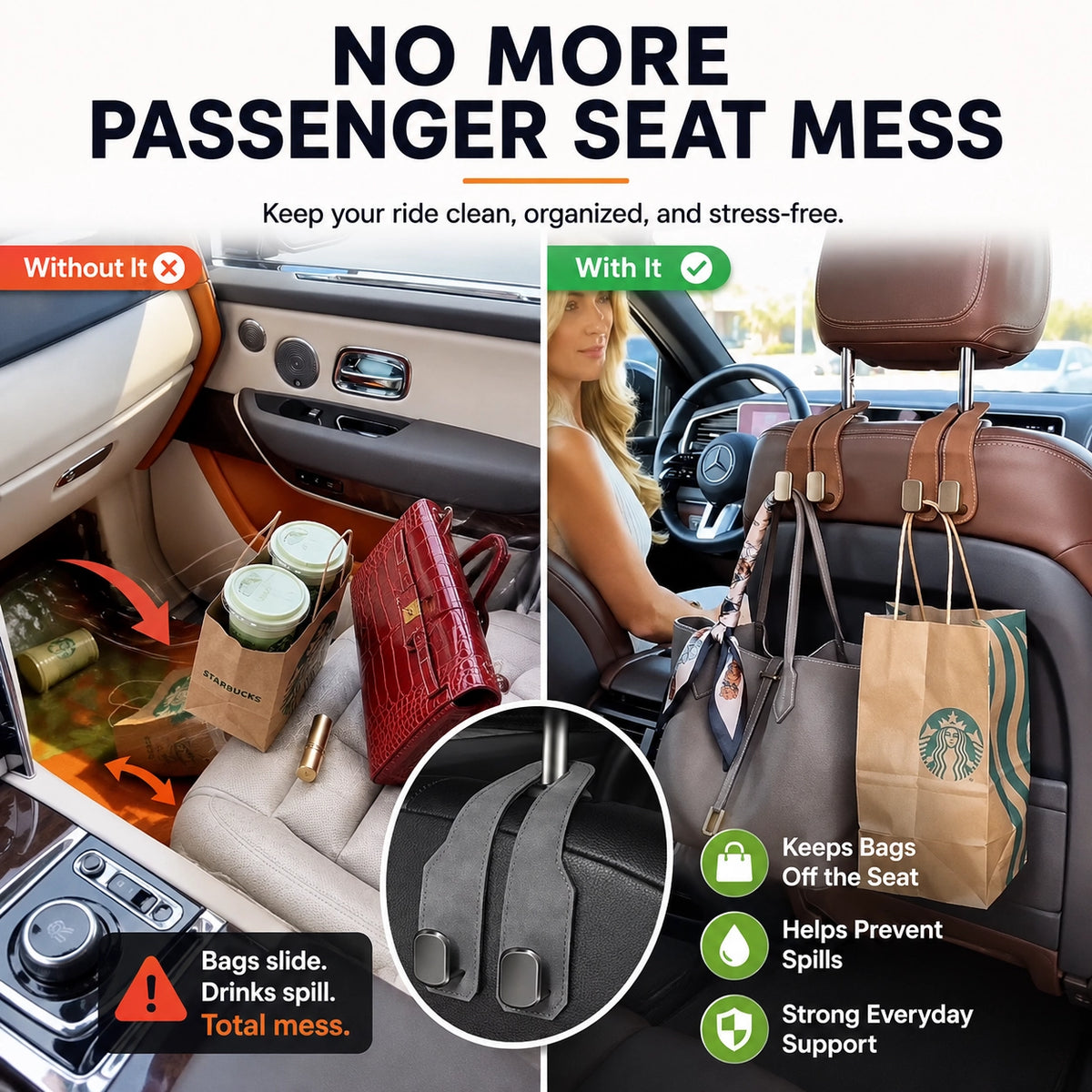 🆙Premium Suede Car Headrest Hooks & Phone Stand