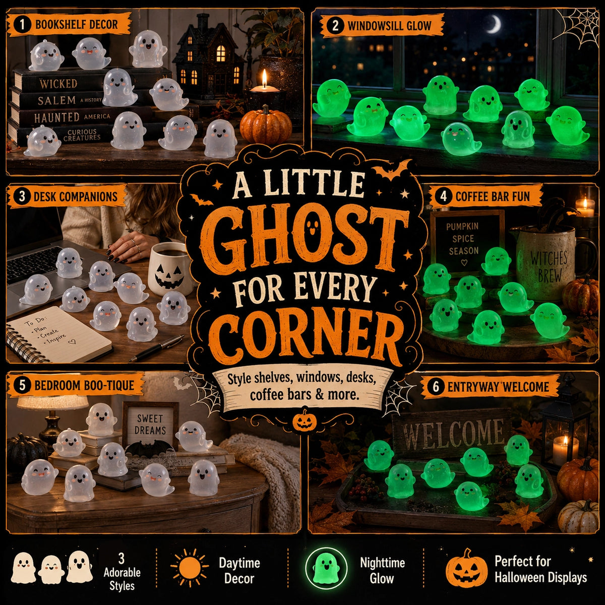 🆙 Glow-in-the-Dark Mini Ghost Halloween Decorations