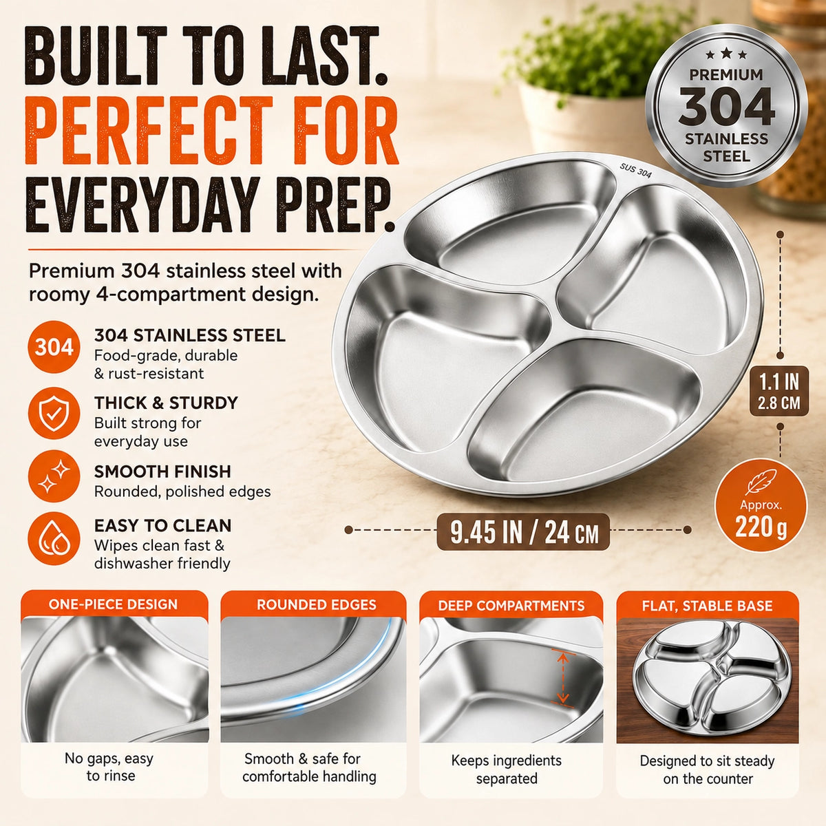 🆙 4-Compartment Stainless Steel Everyday Tray