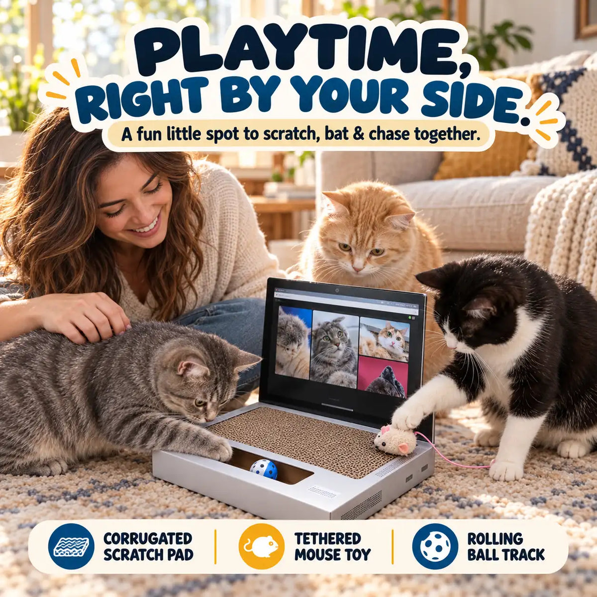 KORAKIO® 🐈💻 Cat Laptop Scratch Pad with Mouse & Rolling Ball