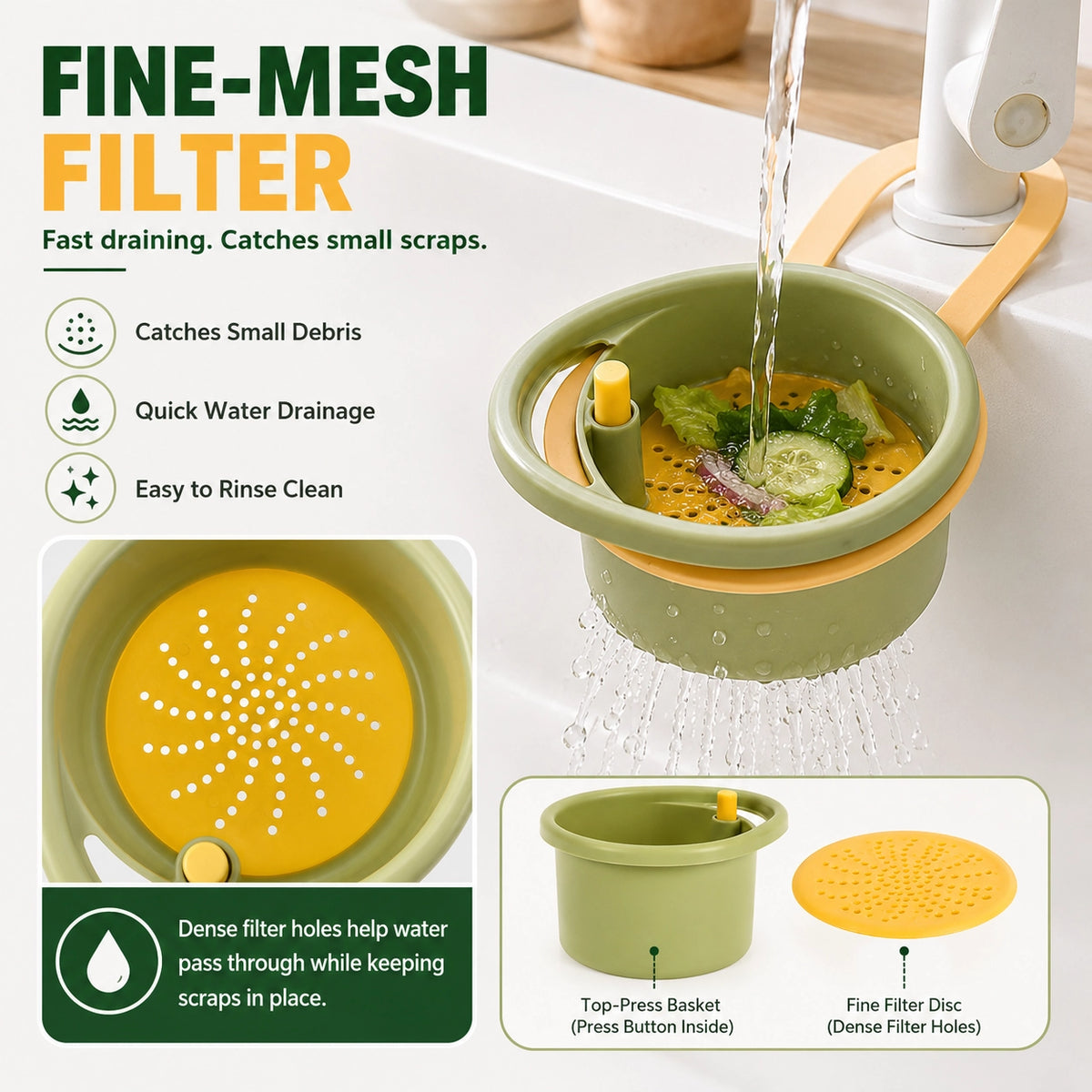 KORAKIO® 🚰🧺 Press-to-Empty Hanging Sink Strainer Basket