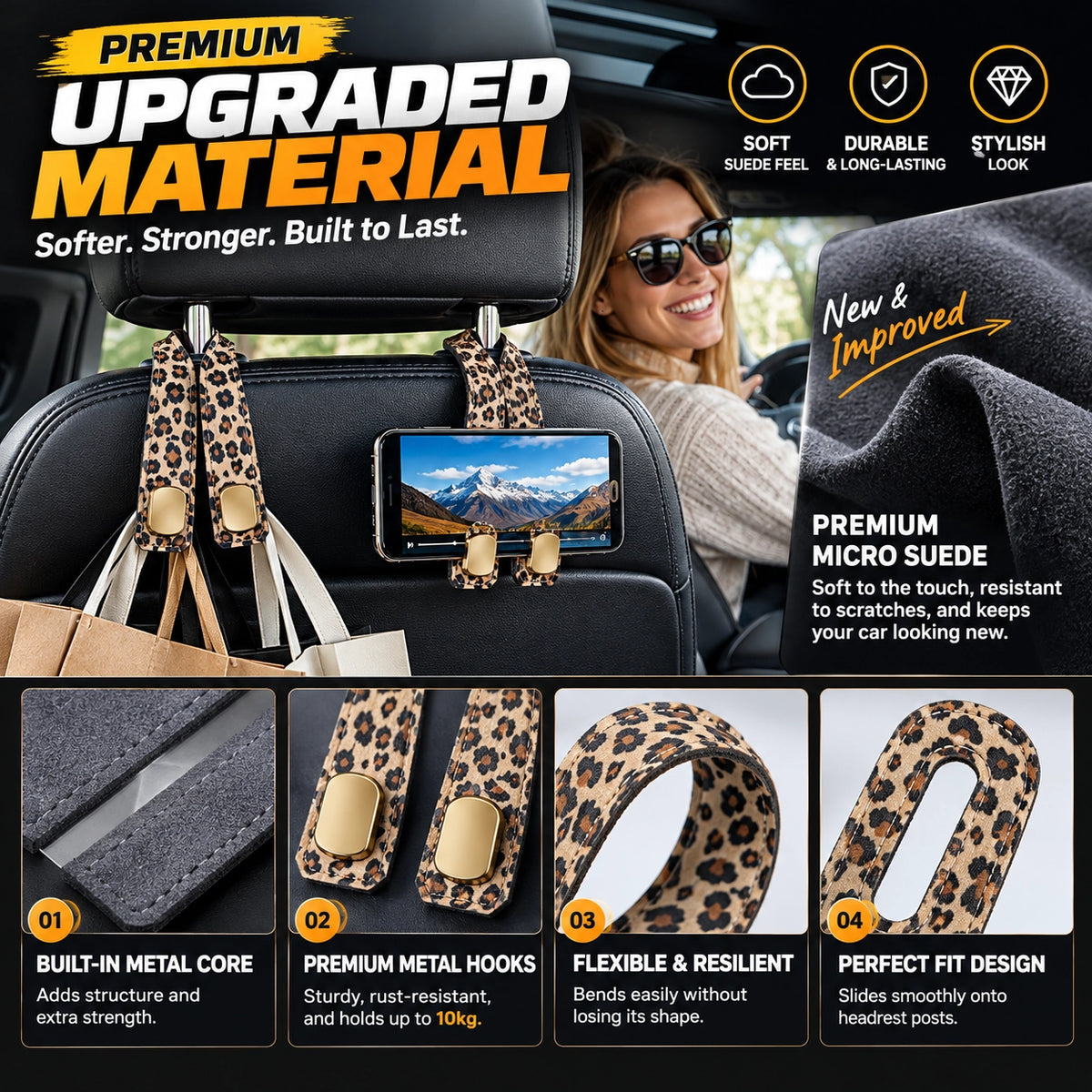 🆙Premium Suede Car Headrest Hooks & Phone Stand