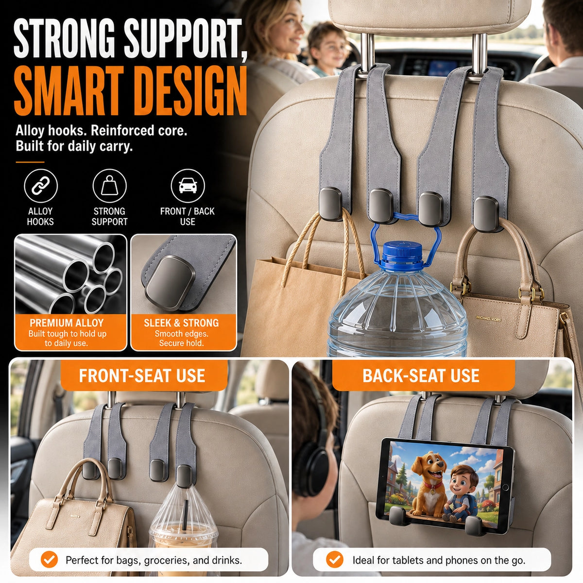 🆙Premium Suede Car Headrest Hooks & Phone Stand