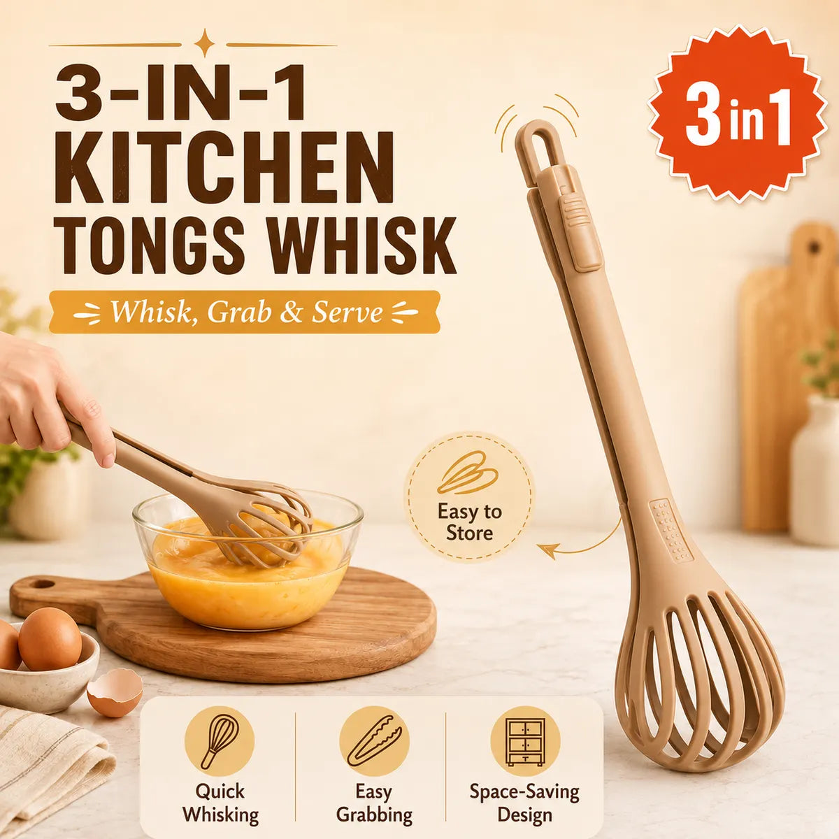 KORAKIO® 3-IN-1 KITCHEN WHISK 🥚 🍳 Multi-Function Egg Whisk & Food Tongs Whisk, Grip & Serve With One Tool