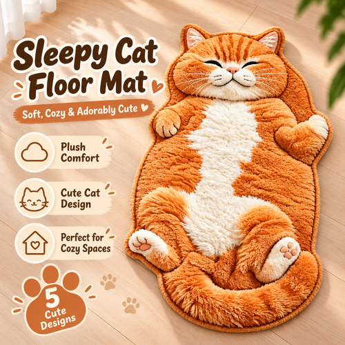 KORAKIO® 🐱 Sleepy Cat Floor Mat – Adorable Cat-Shaped Rug