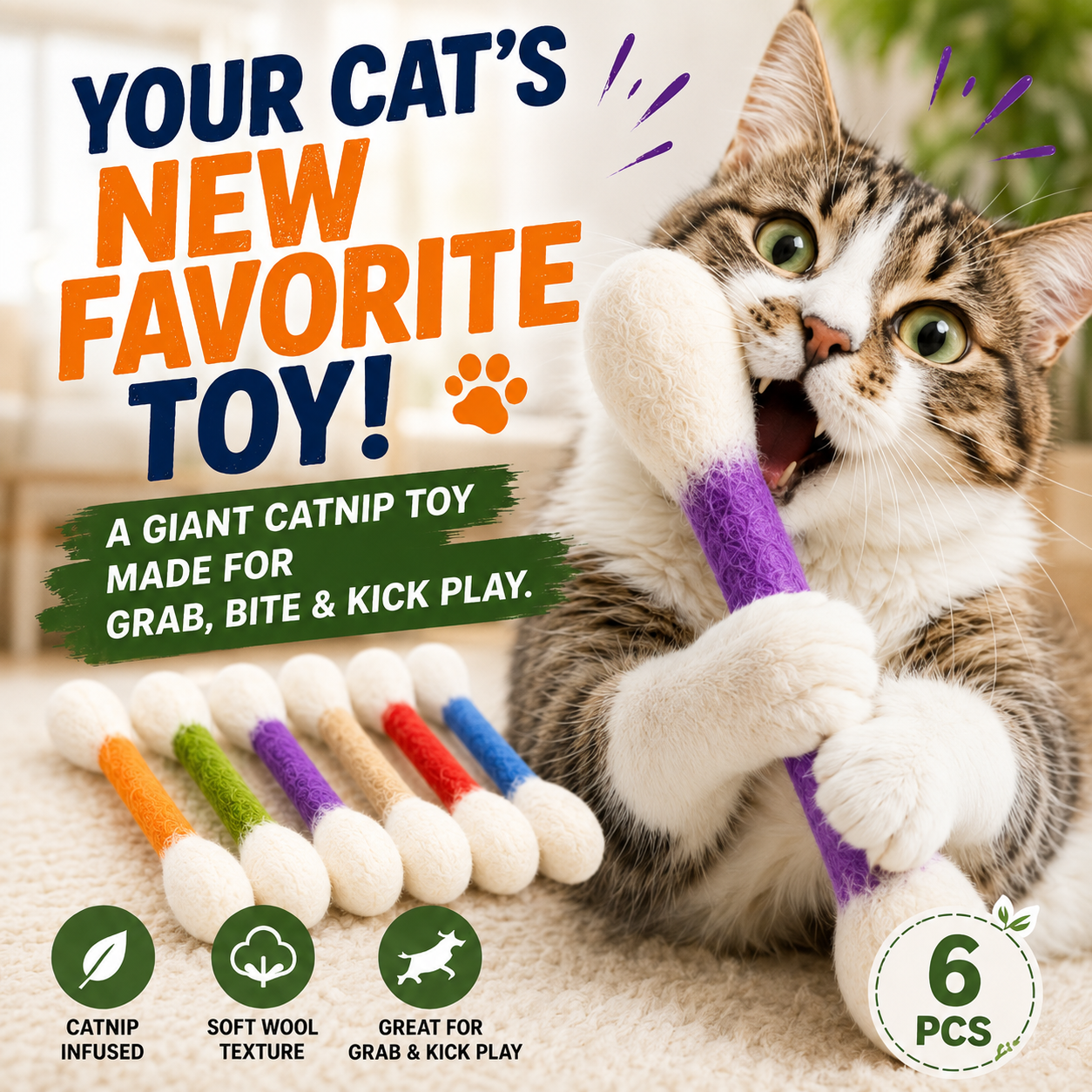korakio® 🐱🍃 Giant Q-Tip Catnip Kicker Toy