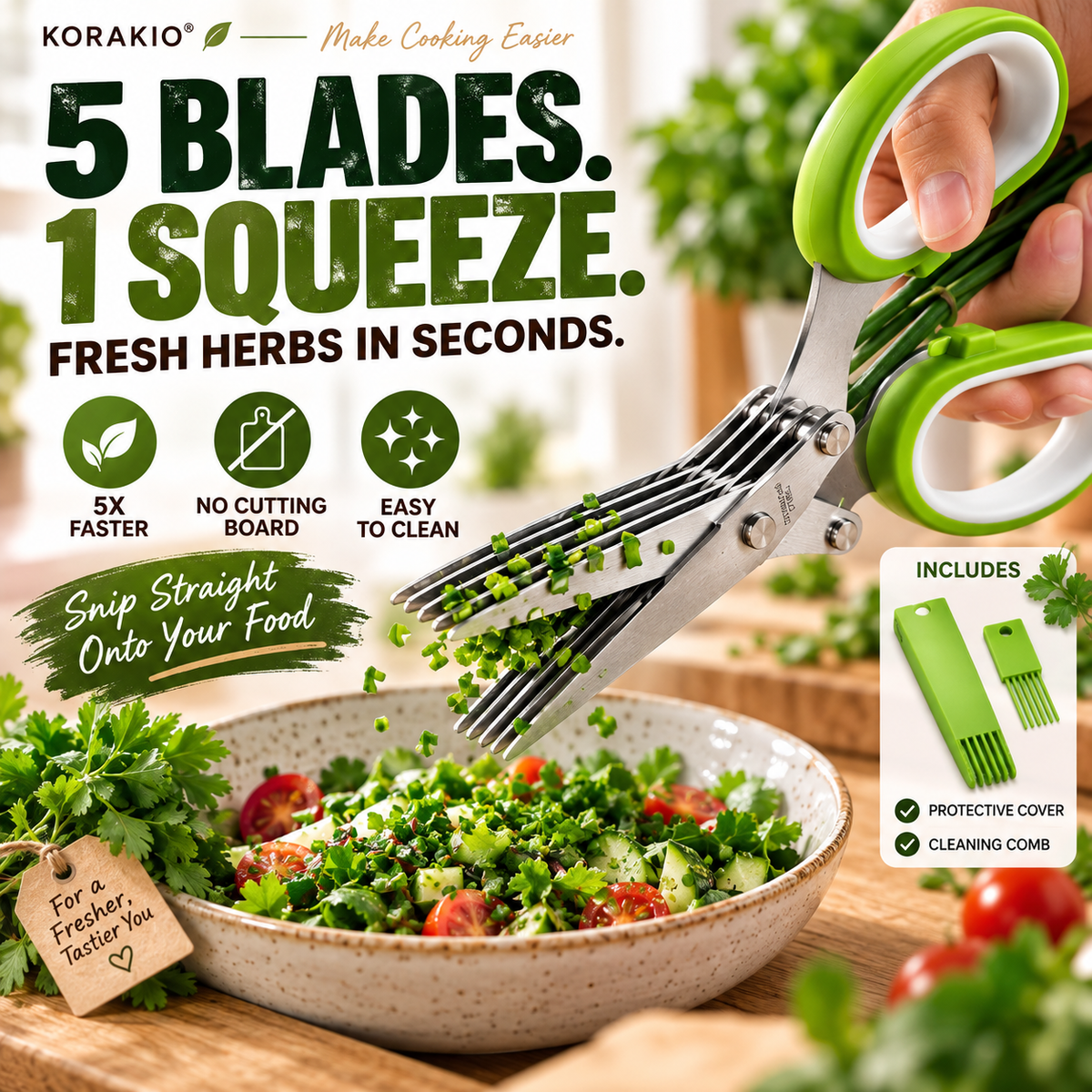 KORAKIO®✂️ 5-Blade Herb Scissors – Chop Fresh Herbs Faster Without A Knife