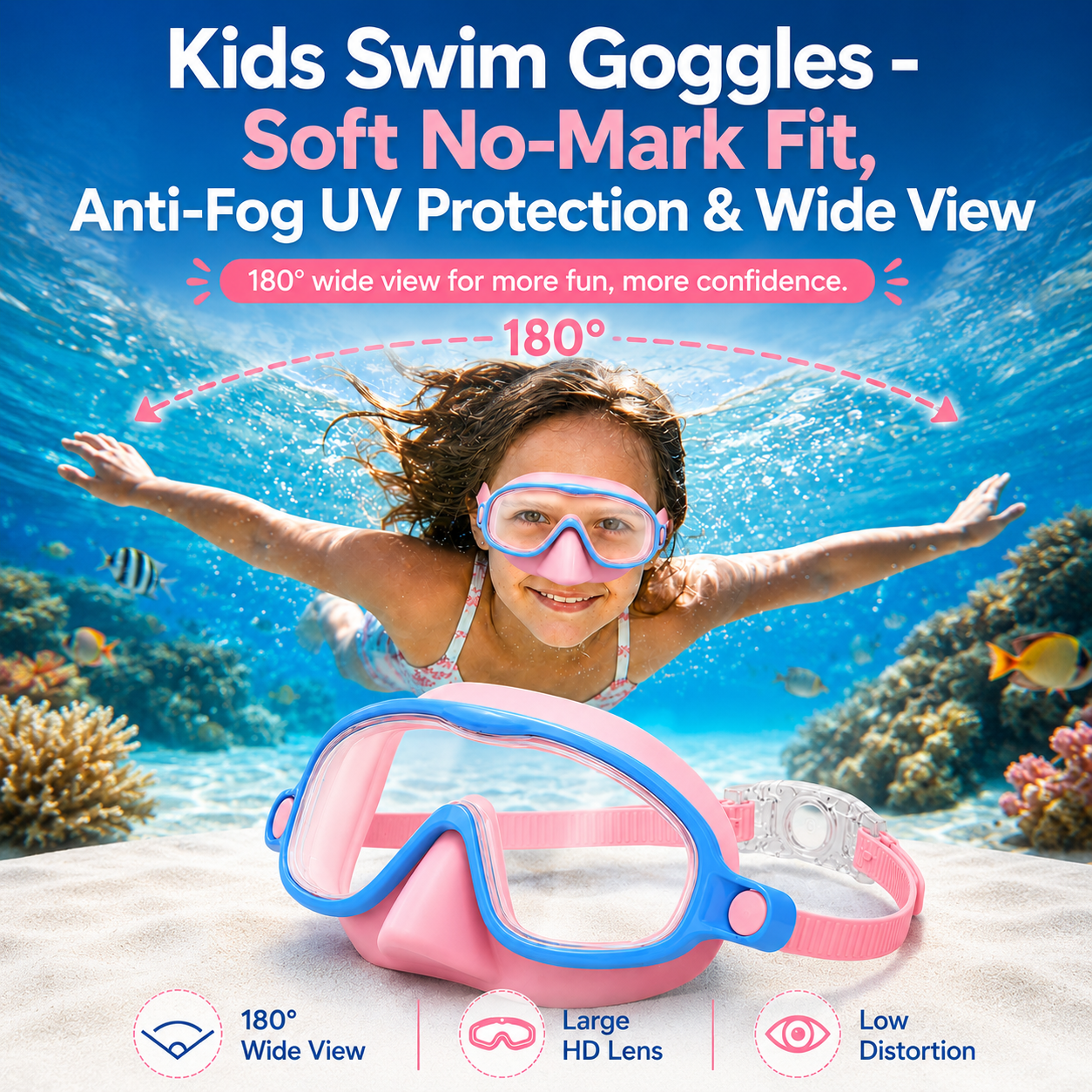 korakio® 🥽 Kids Swim Goggles - Soft No-Mark Fit, Anti-Fog UV Protection & Wide View