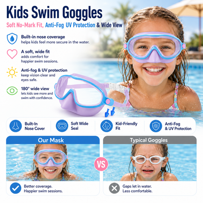korakio® 🥽 Kids Swim Goggles - Soft No-Mark Fit, Anti-Fog UV Protection & Wide View