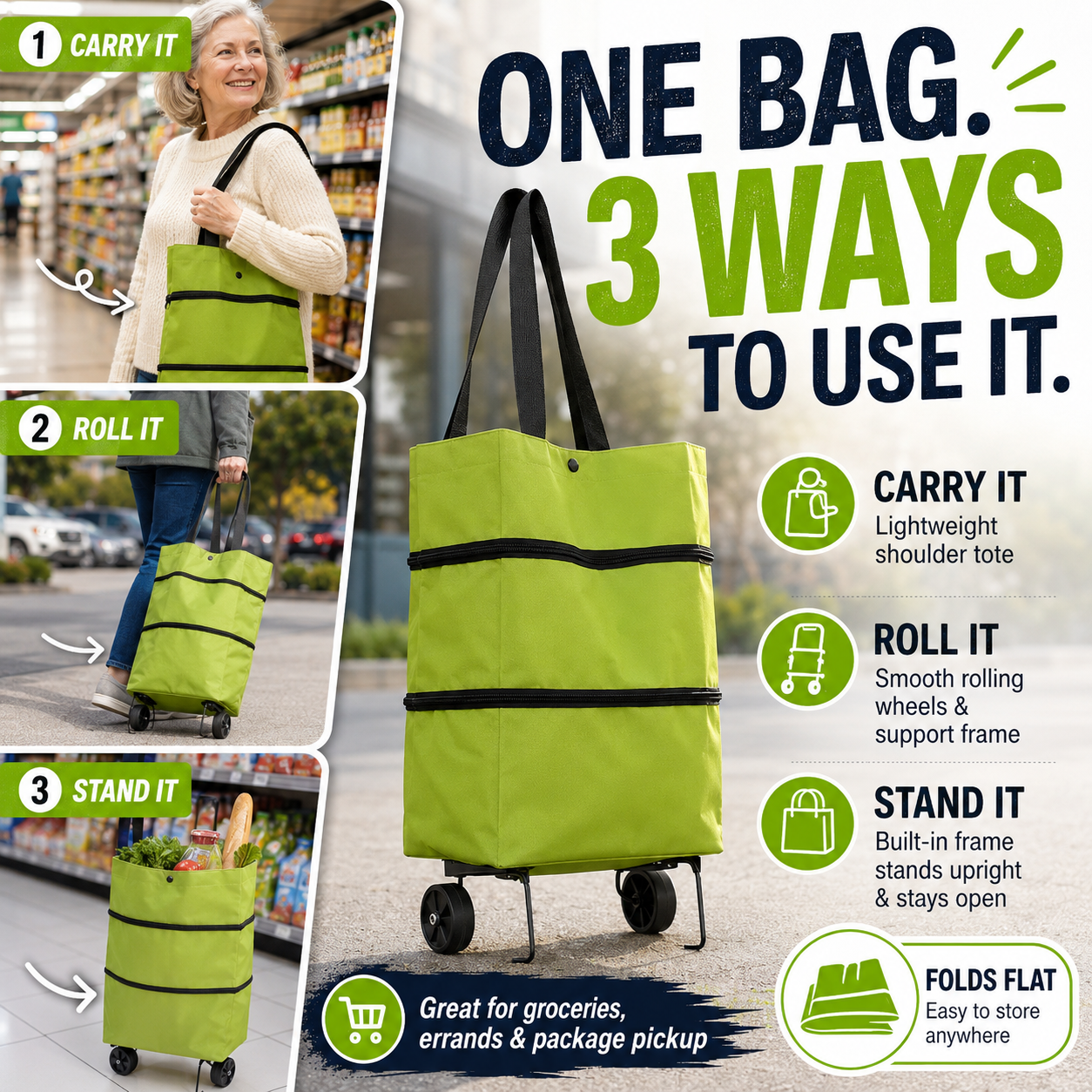 korakio®🛞👜 Foldable Rolling Grocery Tote Bag
