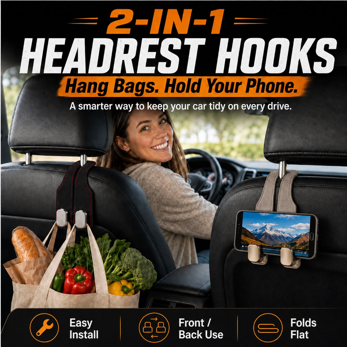 🆙Premium Suede Car Headrest Hooks & Phone Stand