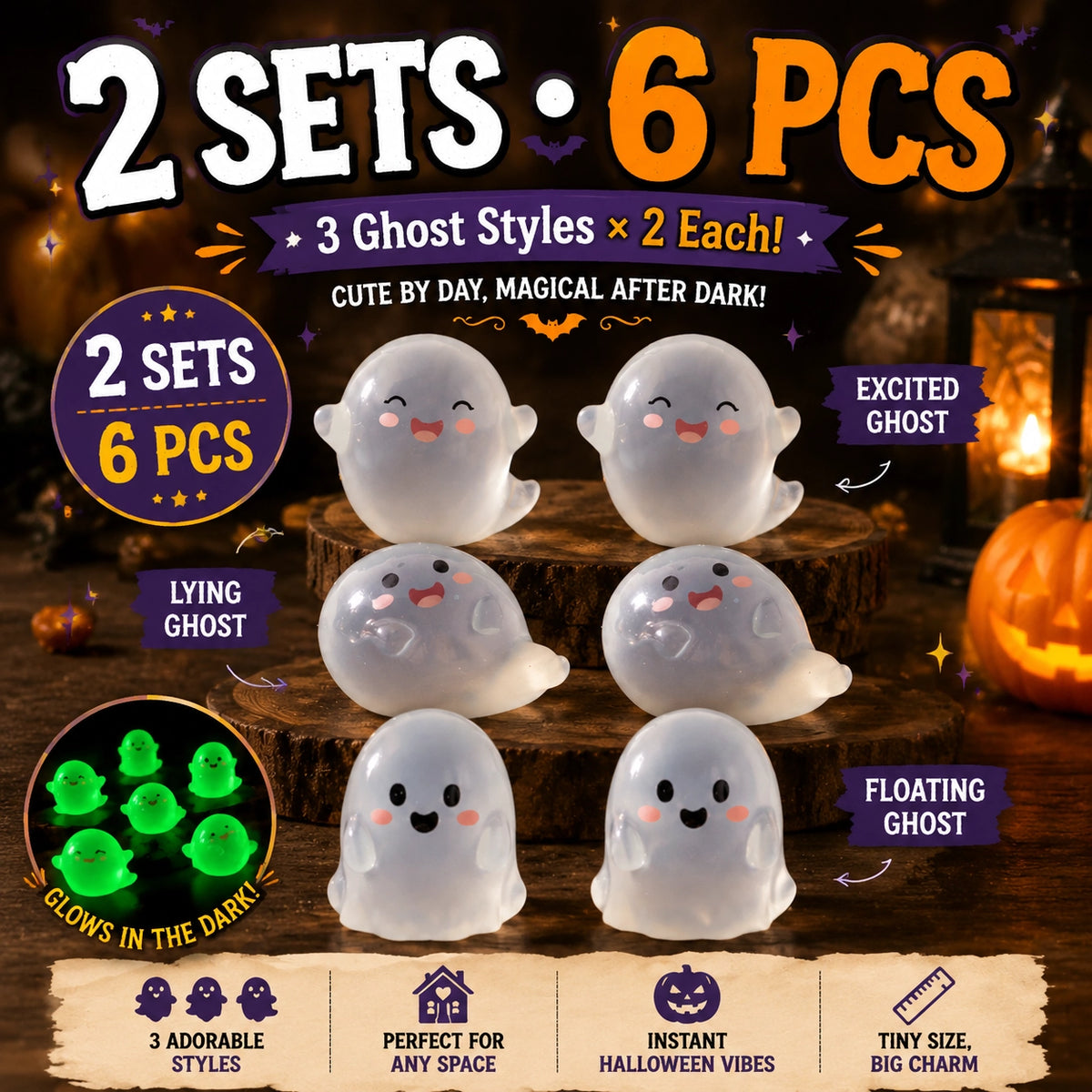 🆙 Glow-in-the-Dark Mini Ghost Halloween Decorations