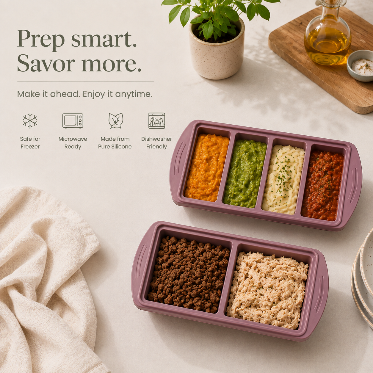 KORAKIO flexible silicone 4 compartment and 2 compartment meal prep trays