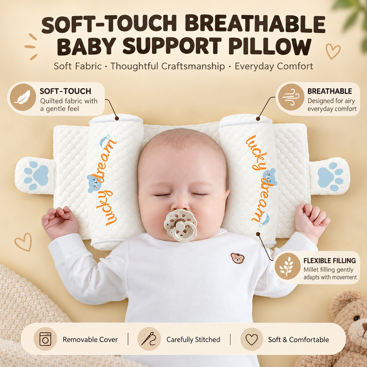 KORAKIO® 👶 Millet-Filled Contoured Baby Support Pillow