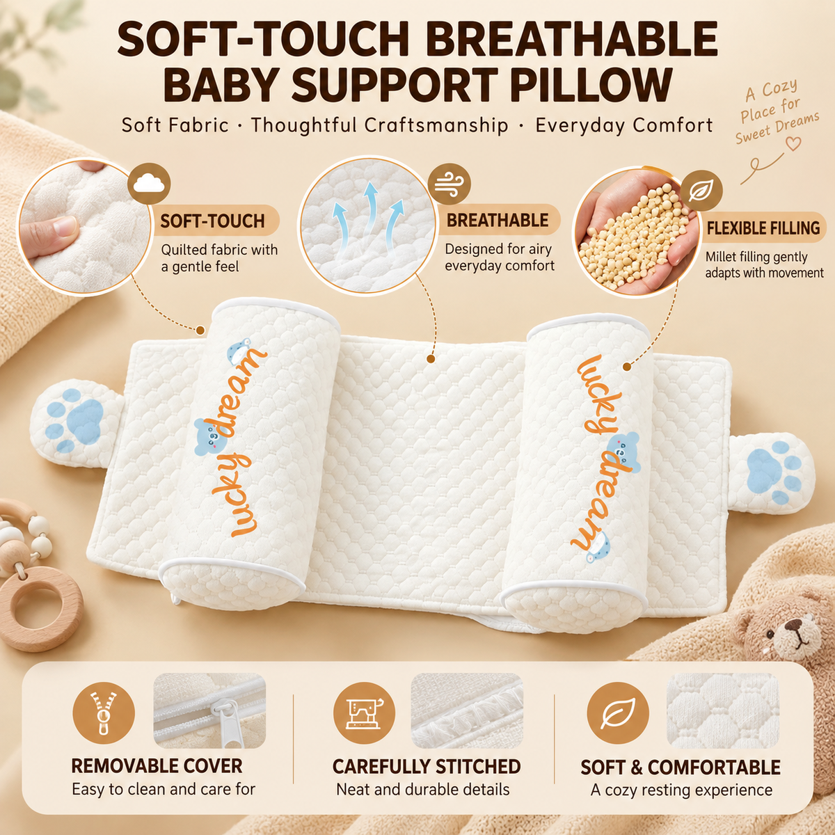 KORAKIO® 👶 Millet-Filled Contoured Baby Support Pillow