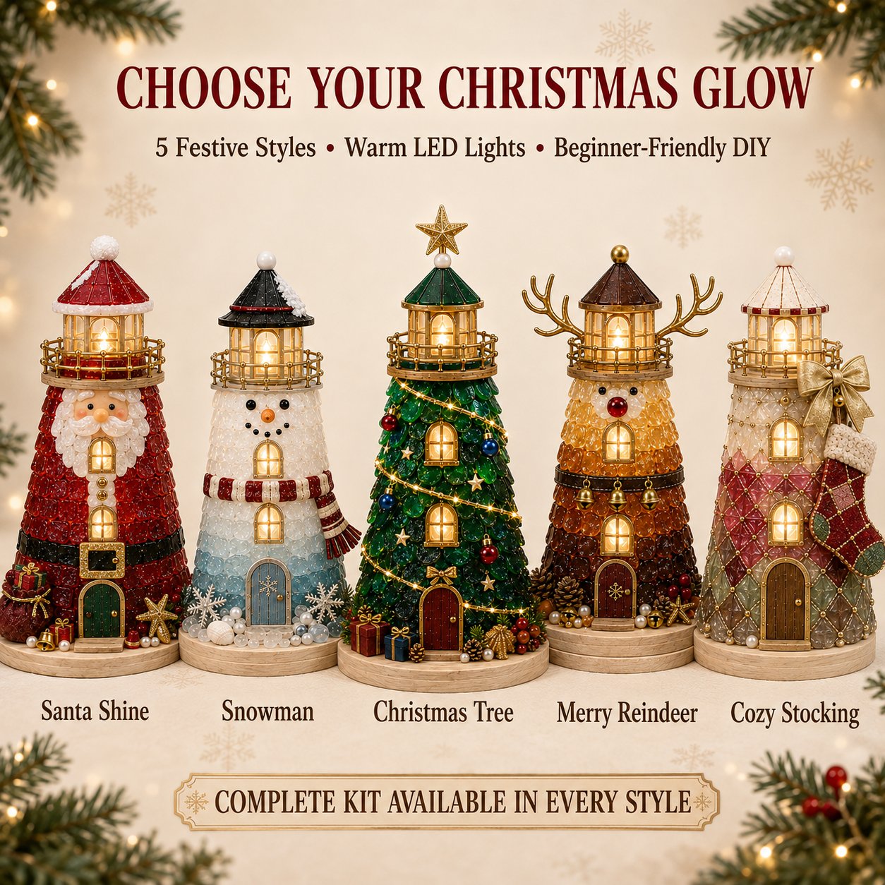 Five Christmas lighthouse styles displayed together