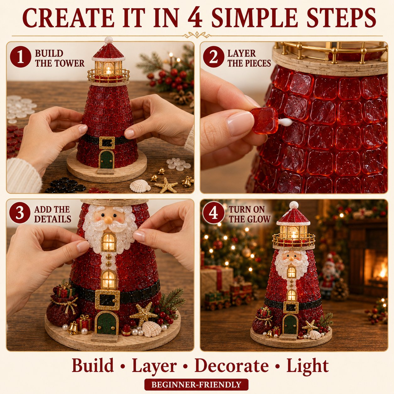 Four-step process for assembling the DIY lighted Christmas lighthouse
