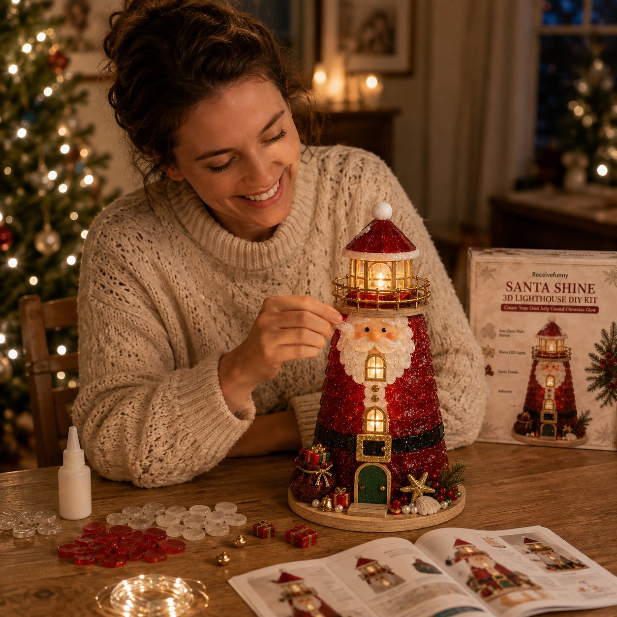 DIY lighted Christmas lighthouse kit and finished glowing lighthouse