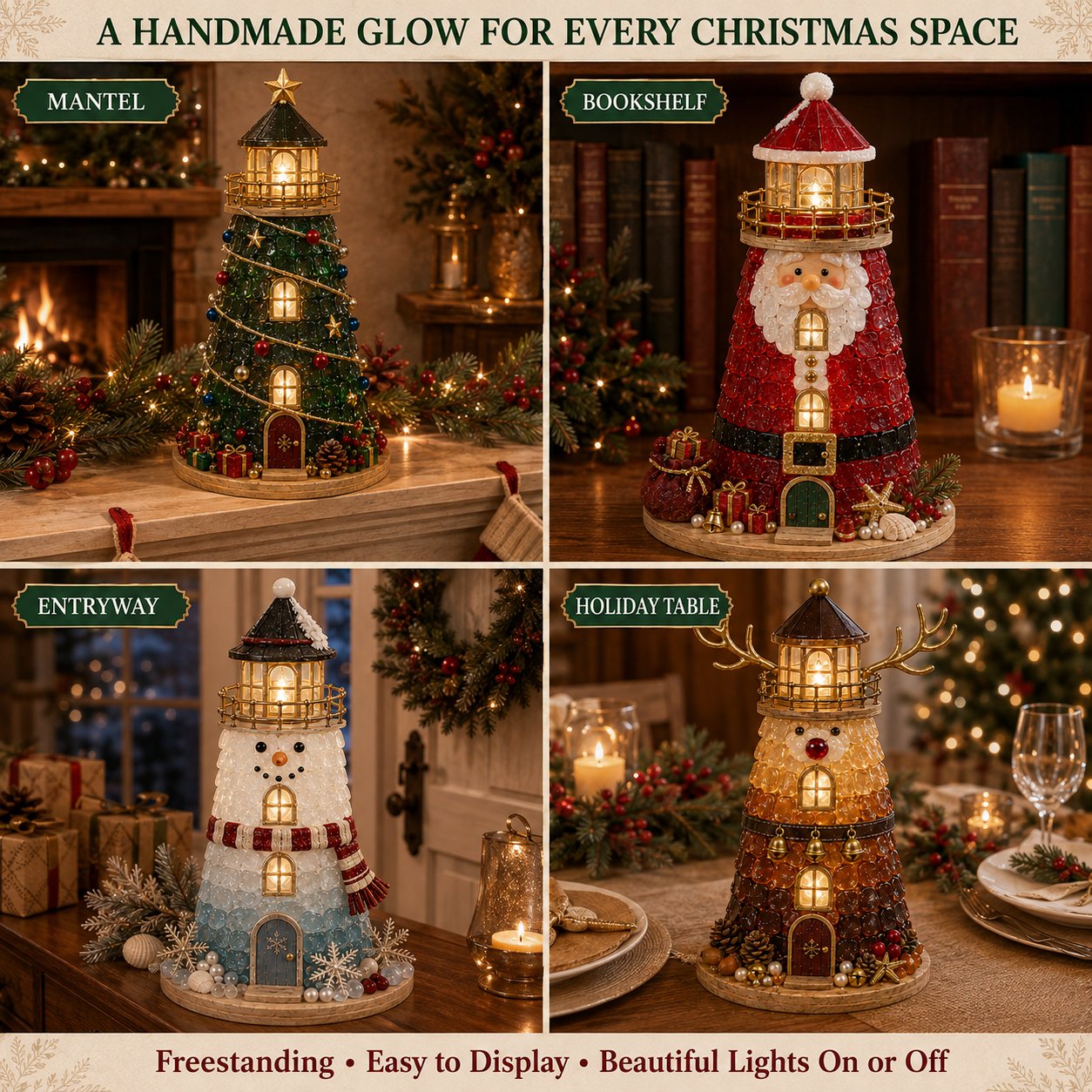 Finished lighted Christmas lighthouses displayed around a cozy home