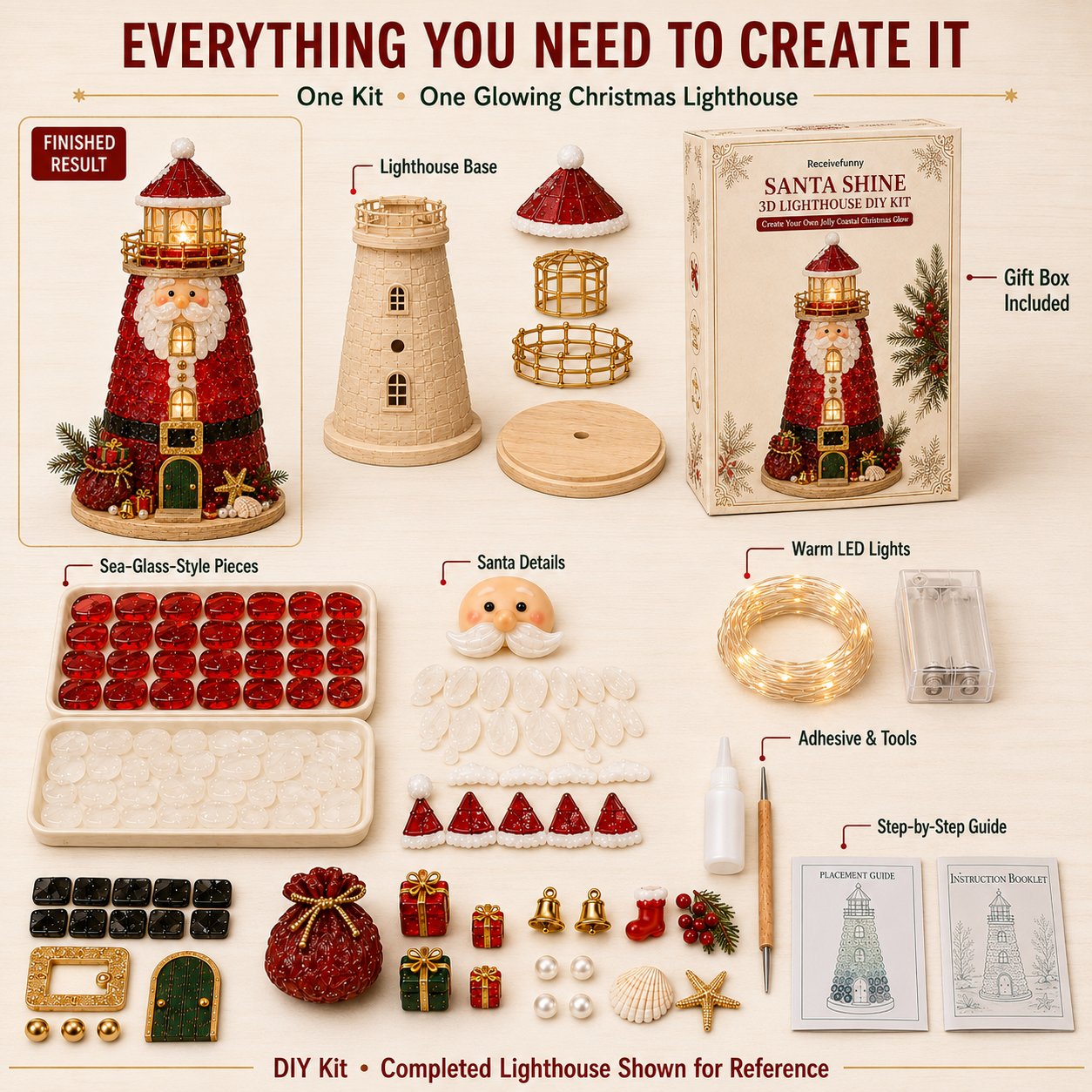Parts included in one selected-style DIY lighted Christmas lighthouse kit