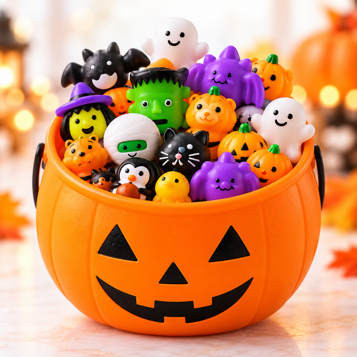 Orange jack-o’-lantern gift bucket filled with assorted Halloween squishies