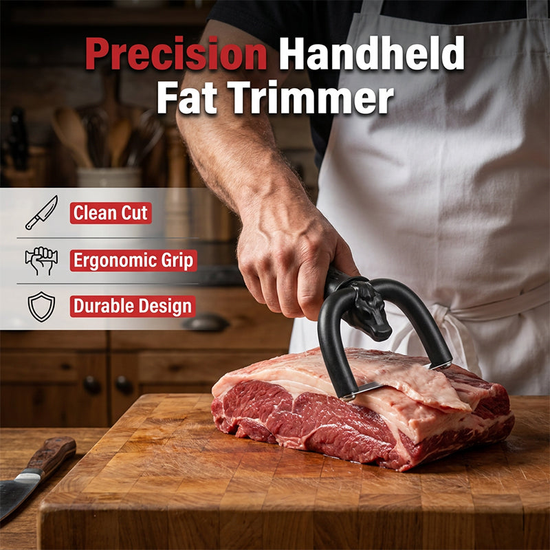 Handheld fat trimmer being guided across a cut of meat