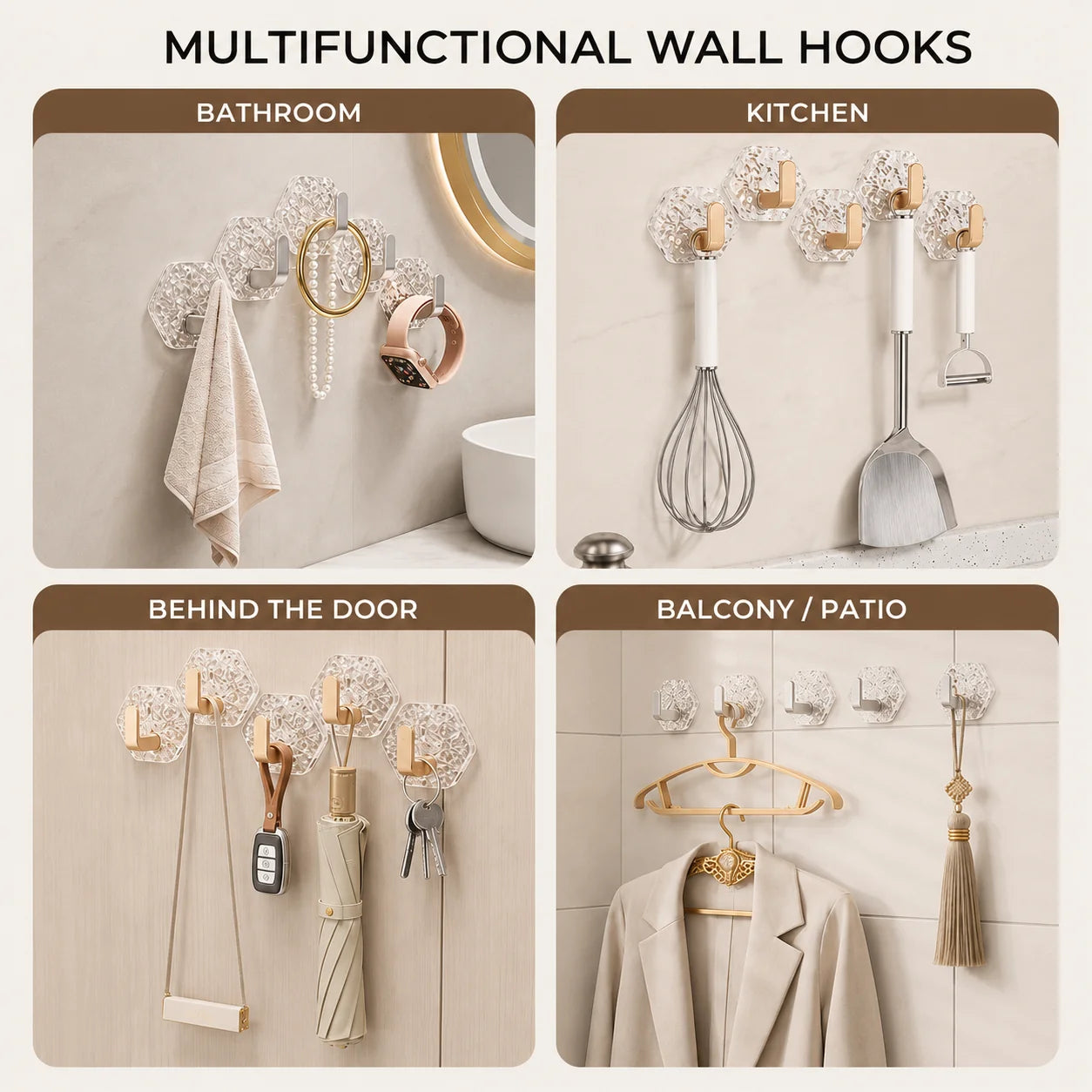 Clear wall hooks used in a bathroom kitchen behind a door and on a balcony
