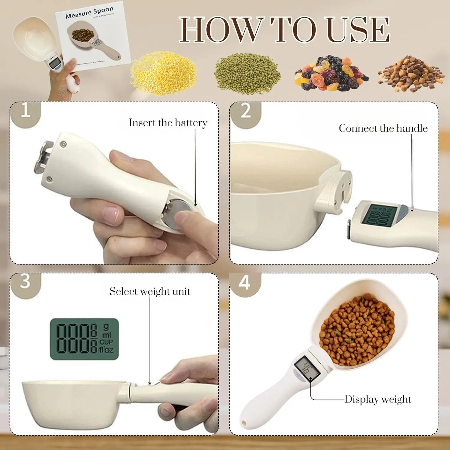 Four-step guide showing battery insertion, scoop attachment, unit selection, and weight display