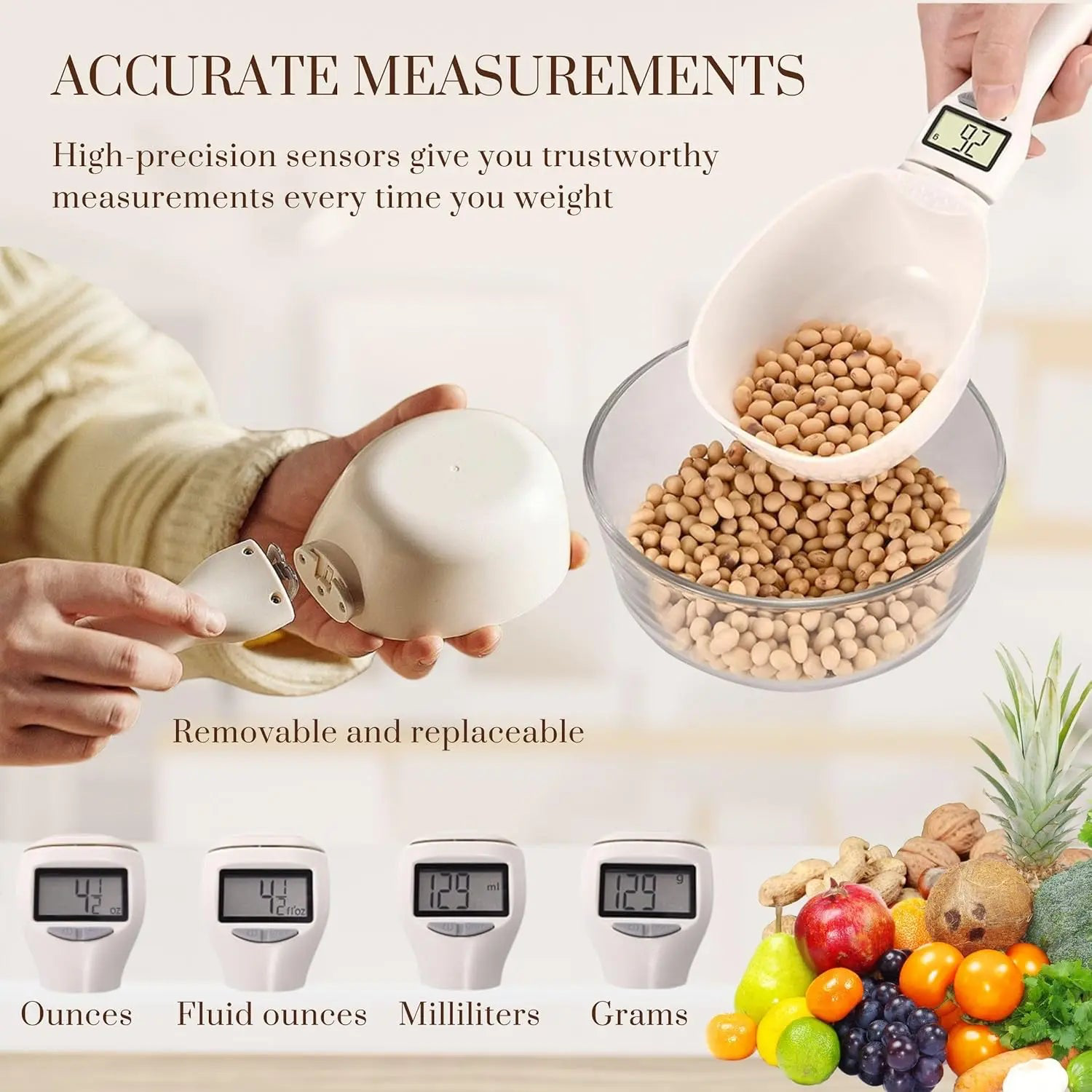 Digital scoop scale weighing dry ingredients and showing multiple measurement units
