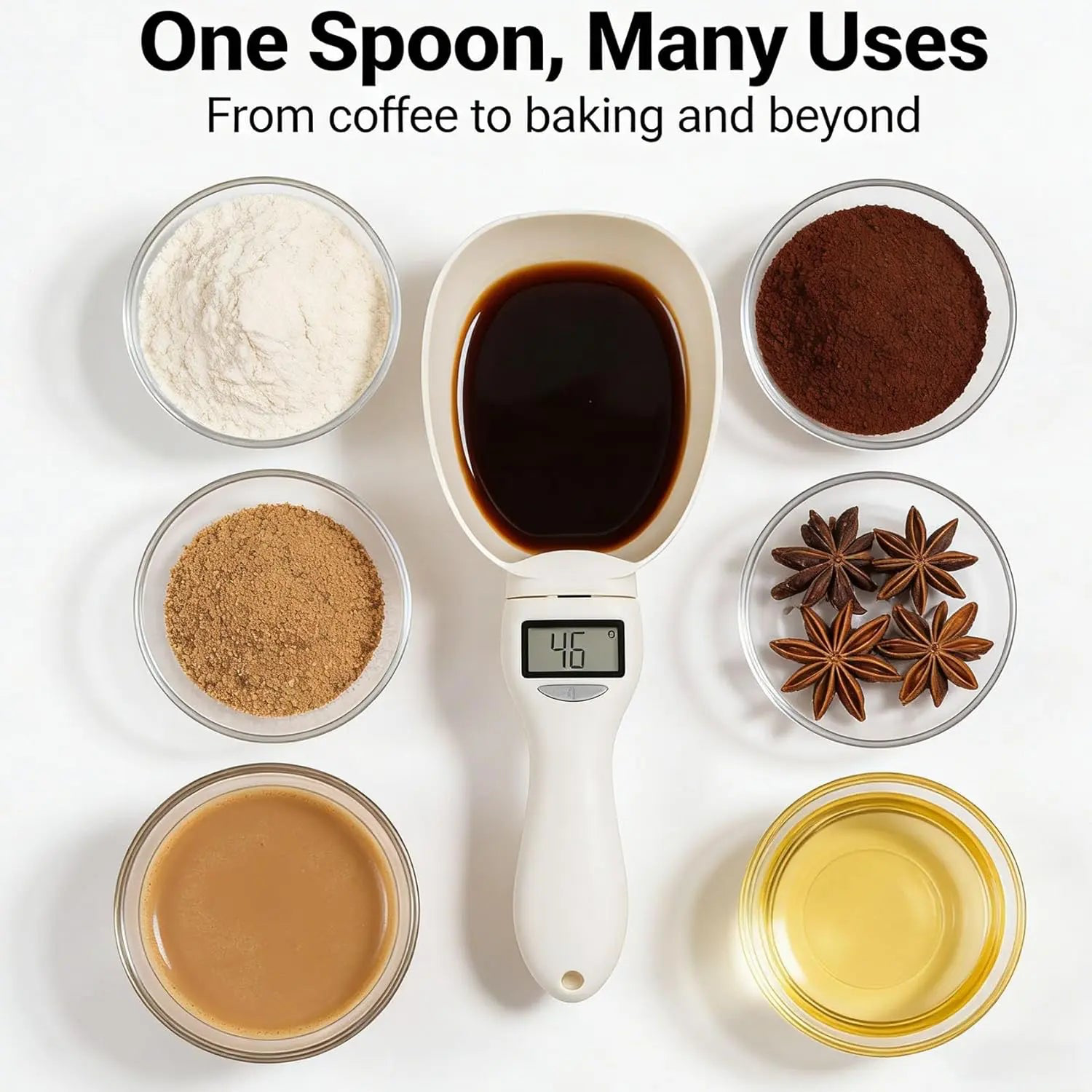 Digital measuring scoop surrounded by baking ingredients, coffee, spices, and liquids