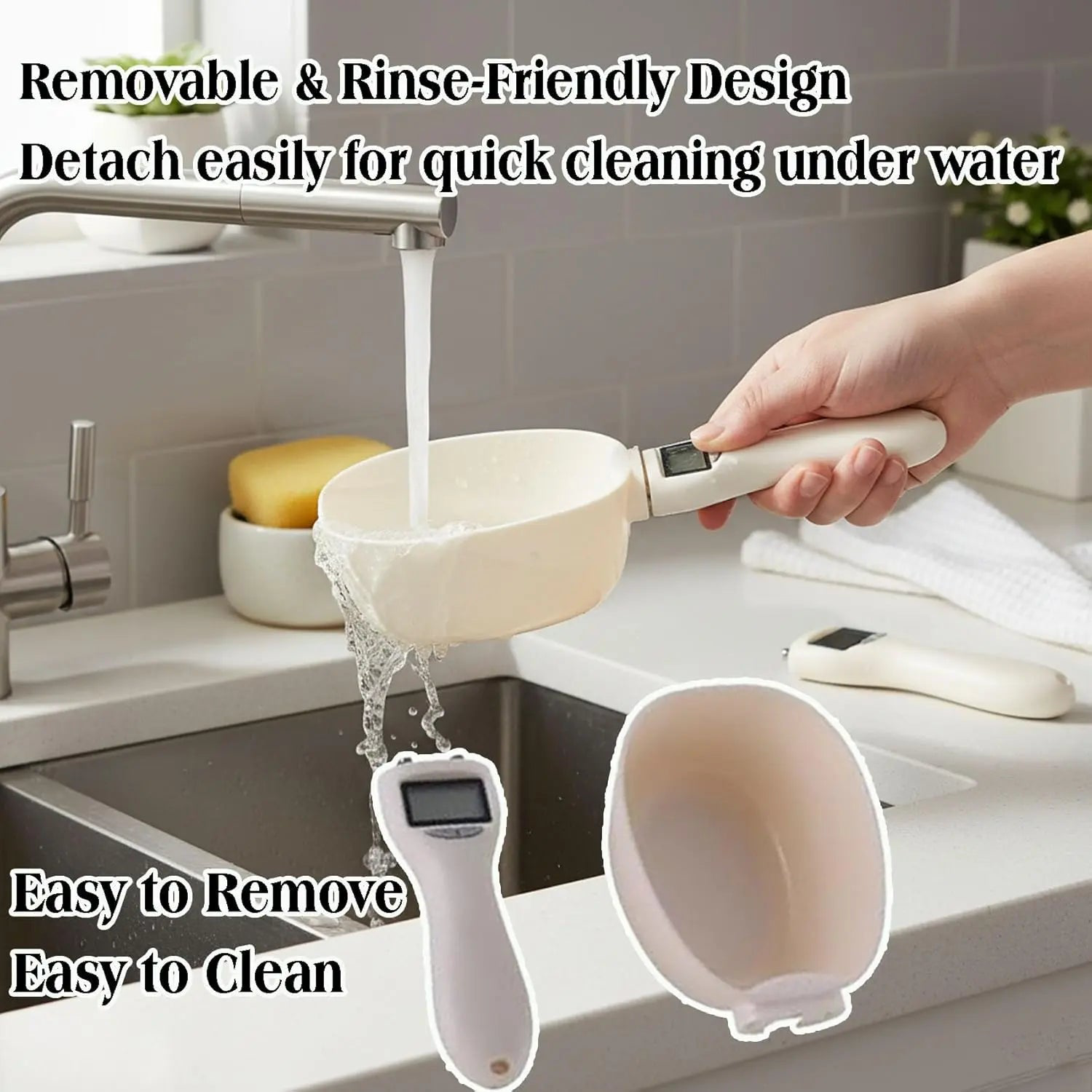Removable scoop being rinsed separately from the digital handle