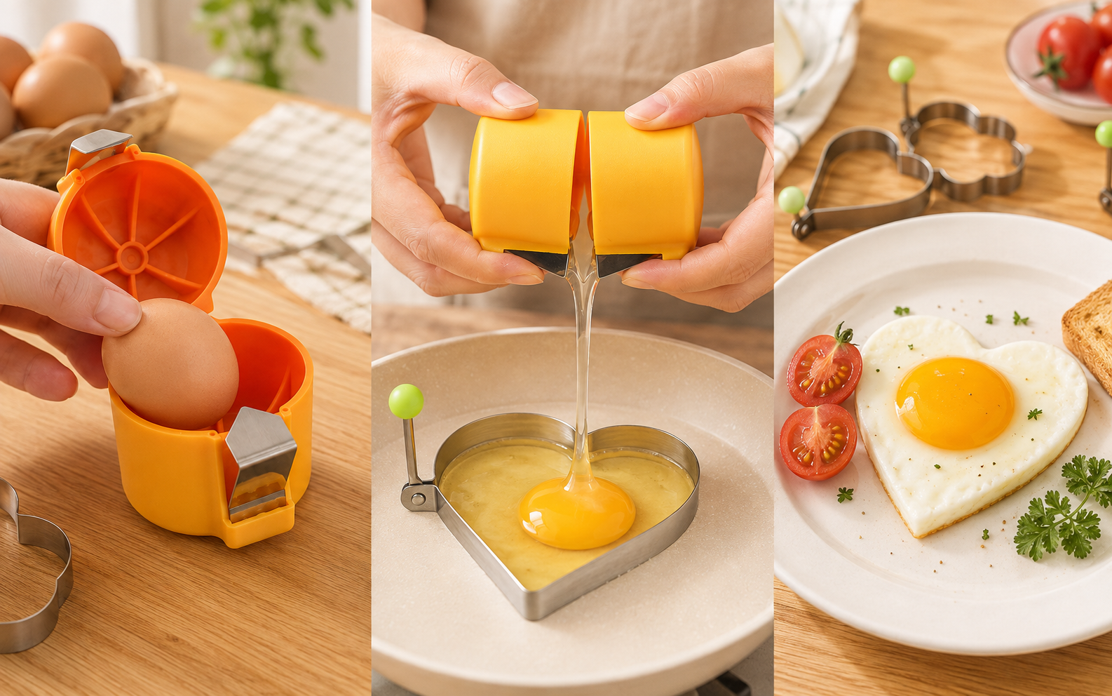 The KORAKIO breakfast routine shown as Crack, Shape and Serve