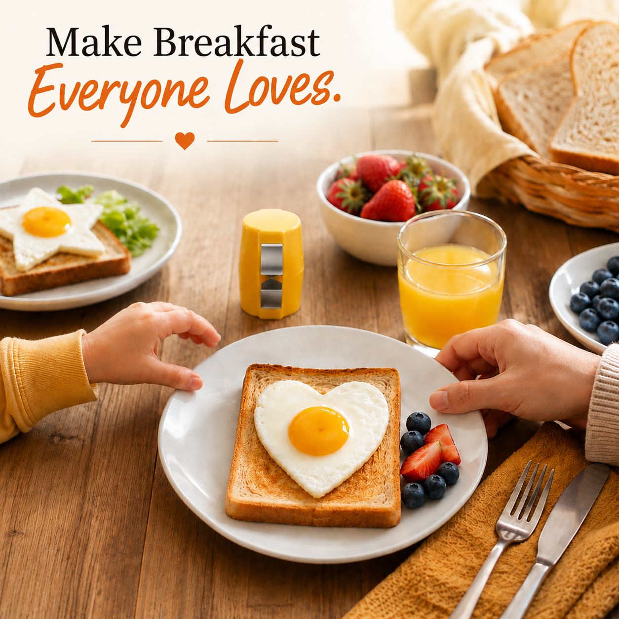 A warm family breakfast scene showing a shaped egg being served