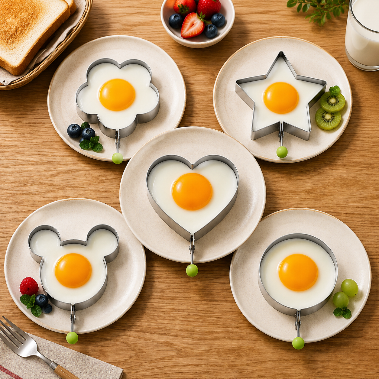 Heart, round, star, mouse and blossom egg mold options from the KORAKIO breakfast kits